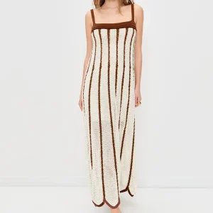 OEM Manufacturer Custom Clothing Women’s Boho Casual Style White Brown Striped Sleeveless Knit Maxi Dress