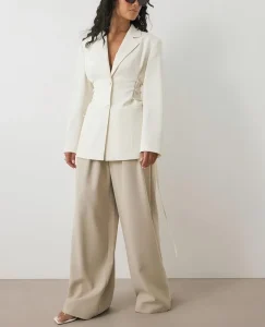 OEM Mid Length Women’s Blazer Fitted Slimming Office Suit with Drawstring Manufactured Coat