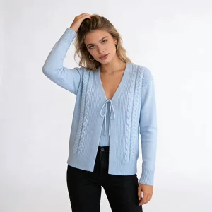 OEM New Arrival Women’s Retro Cable Knit Cardigan Solid Color V Neck Long Sleeve Sweater for Casual Winter Wear
