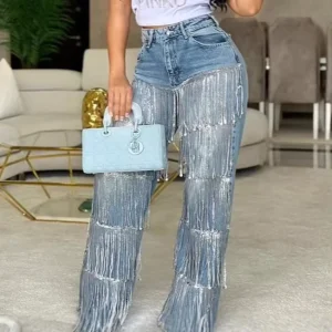 OEM New Jeans Women Denim Straight Pants Sequined Tassel Plus Size Fashion Jeans Denim Long Trousers Women