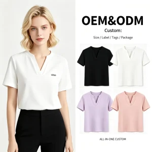 OEM ODM Accepted Bulk Order Welcome Minimalist Style Casual Style Women’s Polyester V-Neck Slim Fit Solid T-Shirt