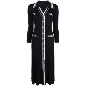 OEM ODM Button Black Cotton Lyocell Fall V Neck Sweaters Dress Women’s Rib Knit Dress
