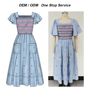 OEM ODM Custom Dresses Women’s Designer Clothing Cotton Striped Smocked Flutter Sleeve Cut and Sew Service by Garment Factories