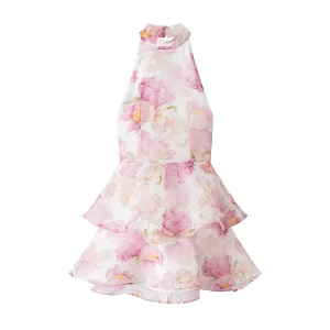 OEM ODM Custom New Design Causal Floral Vintage Natural Printing O-neck Backless Pleat Chiffon Midi Dress for Women