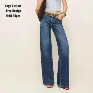 OEM/ODM Custom Women’s Jeans Plus Size Loose Fit Wide-Leg Design Waist Hip Elastic Denim Fabric Dark Ripped Classic Print XL