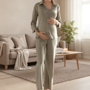 OEM ODM Factory Pregnant Woman Maternity Pyjamas Cotton Spandex Elastic Waist Solid Breathable Long Sleeve Soft Eco Friendly