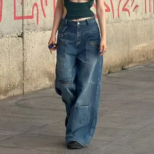 OEM ODM Ladies Baggy Jeans Pant With Pocket Vintage Denim Trousers Streetwear Women Wide Leg Jeans