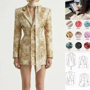 OEM ODM Manufacturer Low MOQ Gold Floral Slim Fit Suit Jacket Custom Logo Women’s Jacquard Blazer Mini Dress