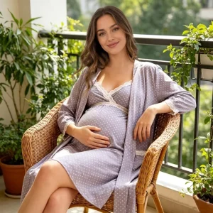 OEM ODM Maternity Clothing 2pcs Polka Dot Maternity Pajamas Lace Trim Nursing Nightgown Robe Soft Pregnant Maternity Dress