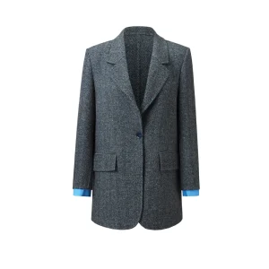 OEM ODM Premium Woolen Woven Women’s Blazer Coat Herringbone Pattern Contrast Cuffs Warm Breathable Outerwear Fall Winter