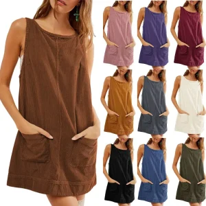 OEM ODM Summer Blank Sleeveless Pocketed O Neck Corduroy One Piece Rompers Women Jumpsuit