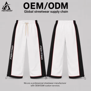 OEM ODM Wide Leg Track Pant Lightweight Polyester Breathable Streetwear Sports Pants Color Block Drawstring Waist Adjustable Hem