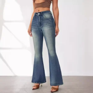 OEM ODM Women Vintage Blue Denim Jeans Custom Slim Micro Flare Jeans Women’s Stretch Pants High Waist Denim Jeans