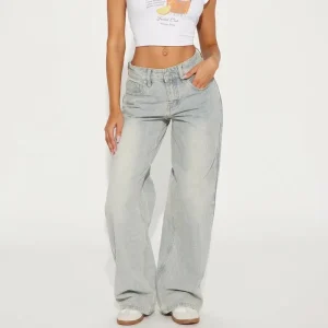 OEM ODM Women’s Pants Back Cinch Baggy Jeans Light Wash Blue Wide Leg Denim Pants Vintage Tinted Streetwear Trousers Factory