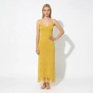 OEM ODM Women’s Sleeveless Summer Maxi Crocheted Boucle Knit Natural Waist Anti Wrinkle Solid Jacquard Tassel Vintage Casual