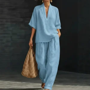 OEM ODM Women’s V neck Short Sleeve Two Piece Set Loose Fitting Shirt And Wide Leg Pants Casual Vacation Wear