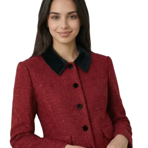 OEM Spring Autumn Red Women’s Elegant Lapel Short Length Wool Blend Tweed Blazer