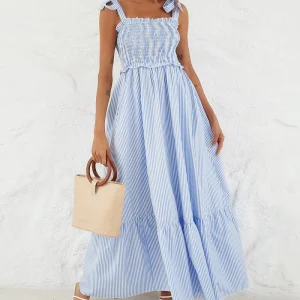 OEM Summer Comfortable Women’s Plus Size Dress Sleeveless Striped Casual Floor Length Dress for Ladies
