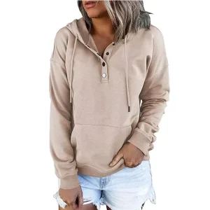 OEM Women Casual Loose Solid Color Sweatshirts Autumn Winter Long Sleeve Pullover Ladies Pocket Button Hoodies