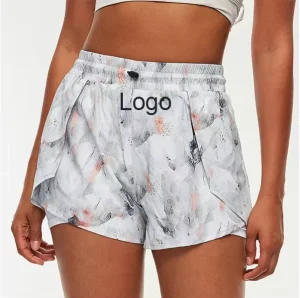 OEM Women High Waist Elastic Fabric Two Piece Running Shorts Digital Printed Sports Shorts Summer Fitness Loose Fit
