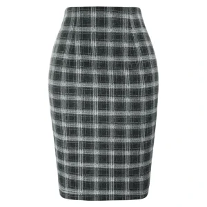 OEM Women High Waist Stretchy Hips Wrapped Skirt Knee Length Plaid Ladies Skirts