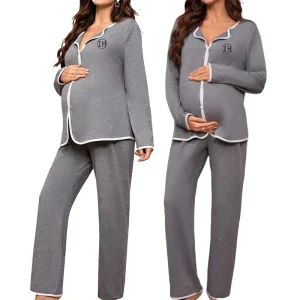 OEM Women Soft Stretch Knit Maternity Pajama Set Contrast White Piping Button Front Easy Nursing Long Sleeve Top Straight Pants