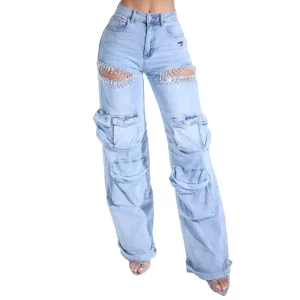 OEM Women’s Breathable High Waist Multi Pocket Stretch Cargo Jeans Design Workwear Hollow Rhinestone Embellished Y2K Style Sexy