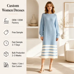 OEM Women’s Dress Sky Blue White Stripe Knit Round Neck Lantern Sleeve Loose Oversized Casual Midi Dress