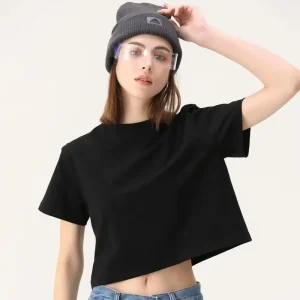 OEM Women’s Eco-Friendly 100% Cotton Breathable Black Cropped T-shirt 210gsm Loose Fit Casual Streetwear for Summer Knitted