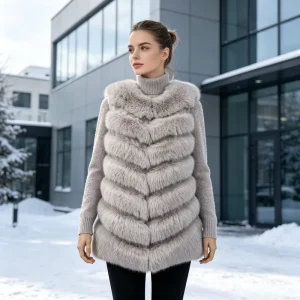 OEM Women’s Faux Fur Vest Customized Fabric Dyed Colors Printed Logo Waterproof Ladies Long Winter Jacket