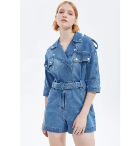 OEM Women’s Half Sleeve Denim Zipper Jumpsuit Ladies Stylish Casual Chambray Belted Jean Romper