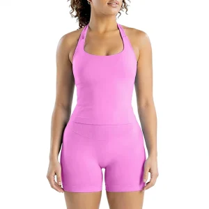 OEM Women’s Notched Neck Yoga Romper Spaghetti Strap Dot Pattern Quick Dry Seamless Ribbed Workout Jumpsuit Elastic Waist