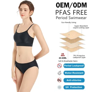 OEM Women’s PFAS Free Period Swimwear Two Piece Bikini Set Anti Chlorine UPF 50+ Moderate Flow Menstrual Beachwear