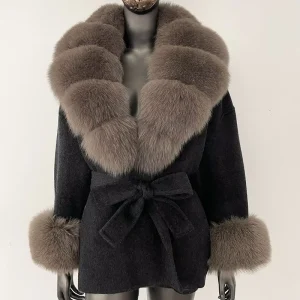 OFTBUY Belt Pocket Winter Jacket Natural Real Fox Fur Blends Wool Jacket Soft Women’s Winter Luxury Wool Cashmere Coat Outwears