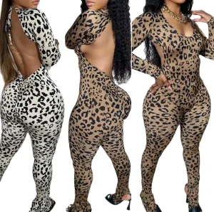 OL6139 Women’s Slim Fit Long Sleeved Jumpsuit Leopard Pattern Sexy See Through Design for Spring High Bodycon Jumpsuit