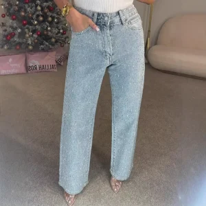 OUDINA Hotselling Diamond Loose Rhinestone High Waist Baggy Denim Trousers Pants Straight Plus Size Women’s Jeans