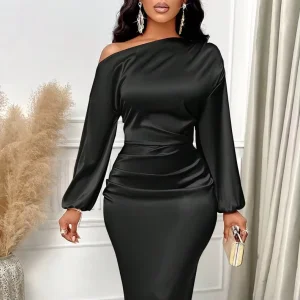 Oblique Collar Off-shoulder Satin Dress Women’s Pleated Long Sleeve Slim Hip Dress