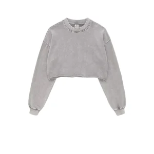 Oem Custom 380gsm 100% Cotton Acid Washed Vintage Women’s Terry Pullover Print Crop Top Long Sleeve T shirt Anti Wrinkle Drop