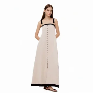 Oem Custom Design Digital Printing A-Line Maxi Summer Women’s Sleeveless Contrast Color Button Down Sweet Washable Dress
