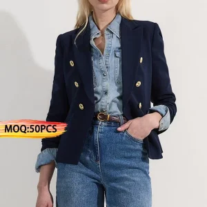 Oem Customized Ladies New Design Notched Lapel Long Sleeves Double Breasted Navy Career Tailored Blazer Women’s Jackets