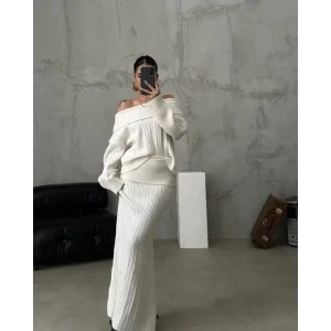 Off-Shoulder Pullover Autumn Suit Women’s Ribbed Knitted Sweater Fashion Style Knitwear Nad Slim Skirt Two-piece Set