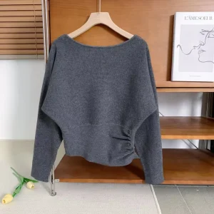 Off the Shoulder Korean Women’s Autumn Solid Color Sweater Anti wrinkle Polyester Full Sleeve Unique Waist