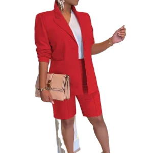 Office Lady European American Women’s Regular Fit Velour Anti Wrinkle Two Piece Suit Set Jacket Shorts Spring Summer Breathable