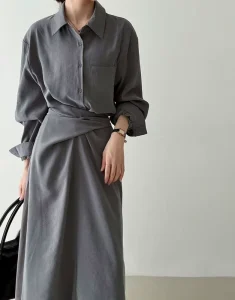 Office Lady Lazy Fit Design Strap Niche Polo Collar Long Skirt Satin Shirt Women Dress with Waist Tie
