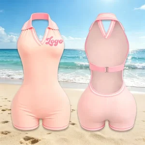 One Piece Snap Crotch Bodysuit Summer Resort Wear Women’s Backless Strapless V Neck Spandex Cotton Breathable Sweat Wicking