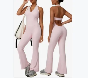 One Piece Solid Color Yoga Jumpsuit Women’s V-Neck Lace Trim Halter Romper with Flared Legs Halterneck Exercise Jumpsuits