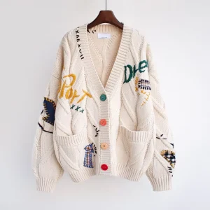 One Size Fashion Lazy Embroidery Sweater Women’s Autumn and Winter Letter Loose Knit Shirt Outerwear Cardigan