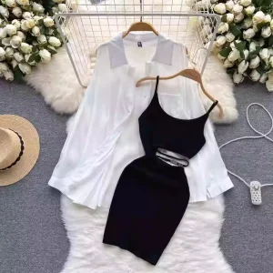 One Size Summer Dress Women’s Shirt Design Sense Split Sunscreen Shirt Versatile Sexy Halter Dress Two-Piece Set