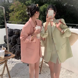 One-size Spring Loose Solid Color Retro Casual Medium Length Women’s Coat Blazer