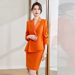 Orange Polyester Anti Wrinkle Knee Length Suit Set Women’s Spring Autumn New Year Party Announcer Speech Host Elegant Suit